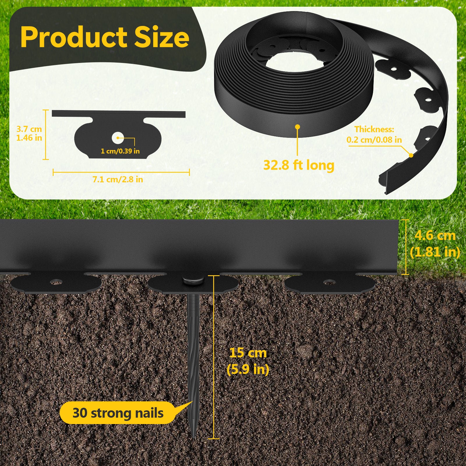 Fixmend Lawn Edging, 10m Garden Edging Border with 30 Pegs, Plastic Garden Borders Edging, Flexible for Flower Beds Edging, Grass Edging, Lawns and Paths
